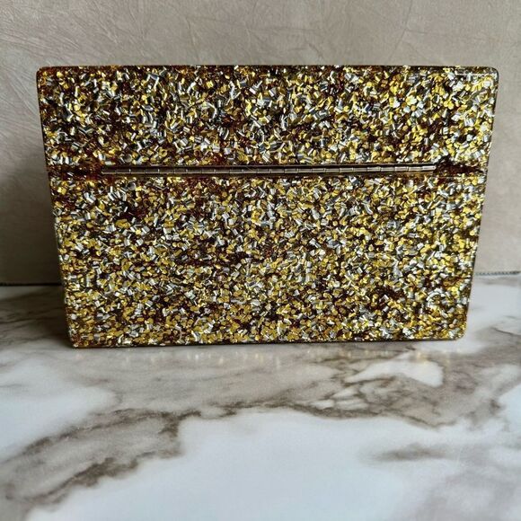 EDIE PARKER ACRYLIC CLUTCH – GOLD CONFETTI & RAINBOW STRIPE | HANDMADE | RARE - Picture 13 of 17